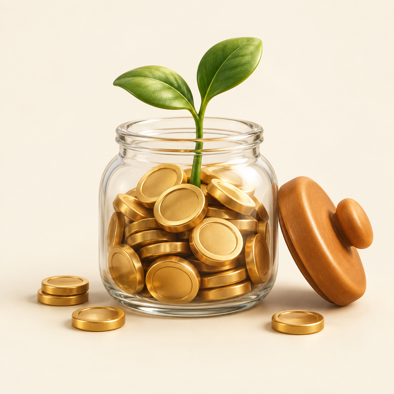 A glass jar of golden coins with a little green sprout